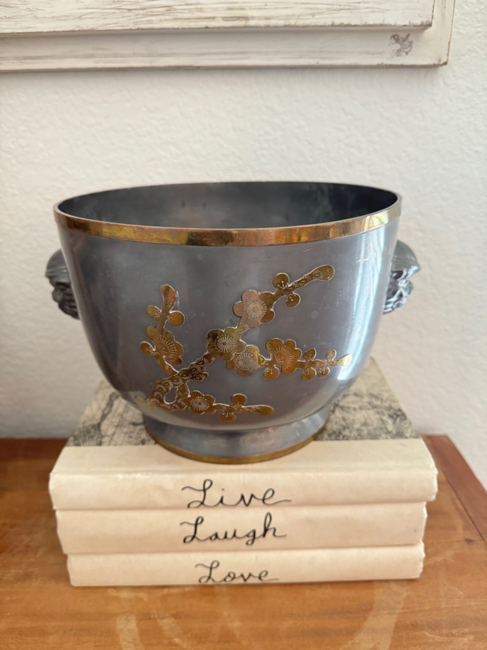 Vintage heavy aged pewter and brass foo dog details- centerpiece-bowl or planter